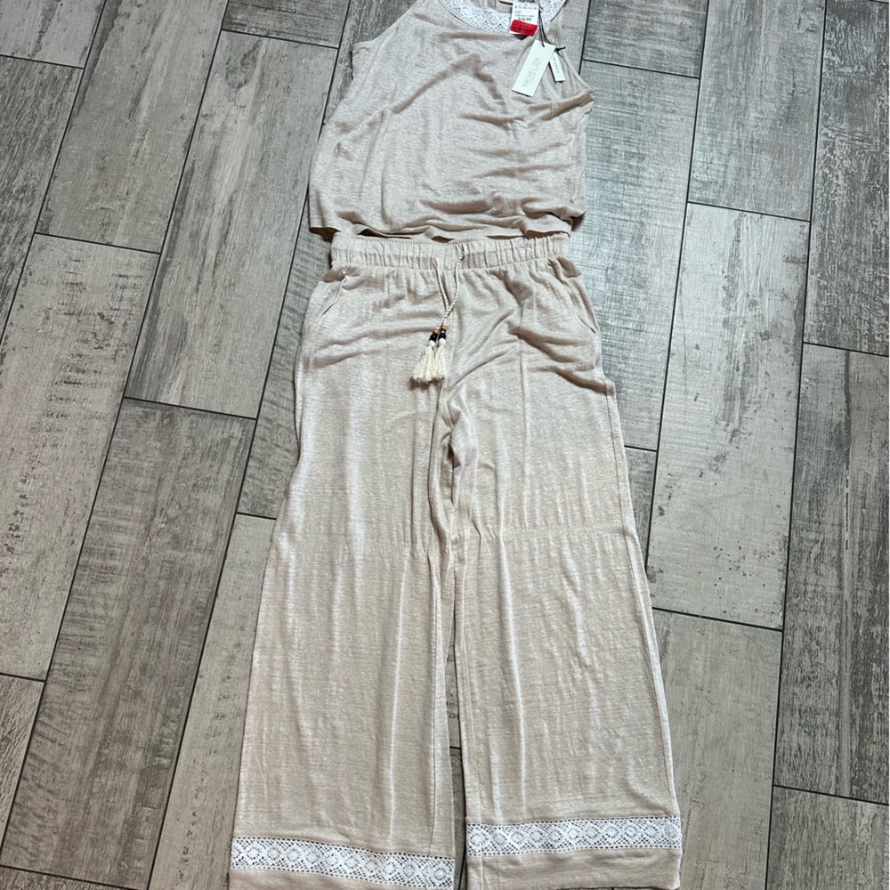 Rachel Zoe Cream Lace-Trim Lounge Jumpsuit